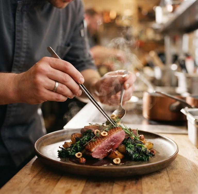 Close-up of a chef's hands plating a vibrant dish under soft Scandinavian side-lighting, steam rising, shallow depth of field, 35mm photography.