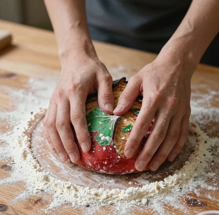 Tactile close-up of hands kneading sourdough on a flour-dusted wooden table, soft Scandinavian side-lighting, warm tones, shallow depth of field, 35mm