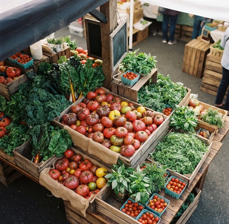 Overhead shot of a vibrant farmers market stall, crates of heirloom tomatoes and leafy greens, soft natural morning light, rich crimson tones