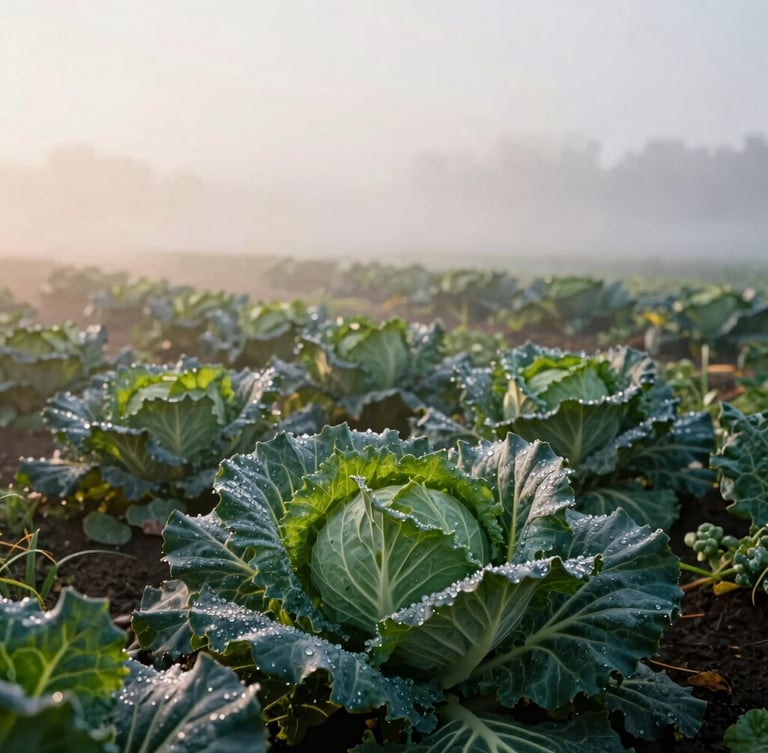 Wide atmospheric shot of a misty organic farm at sunrise, dew on cabbage leaves in the foreground, soft Scandinavian side-lighting, 35mm