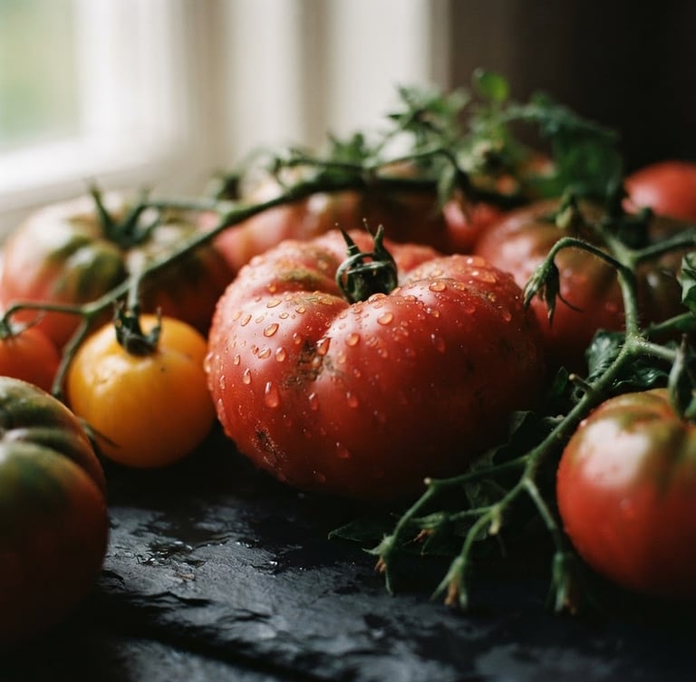 Tactile close-up of raw heirloom tomatoes on a dark stone counter, soft Scandinavian side-lighting, water droplets, rich crimson tones, shallow depth of field, 35mm