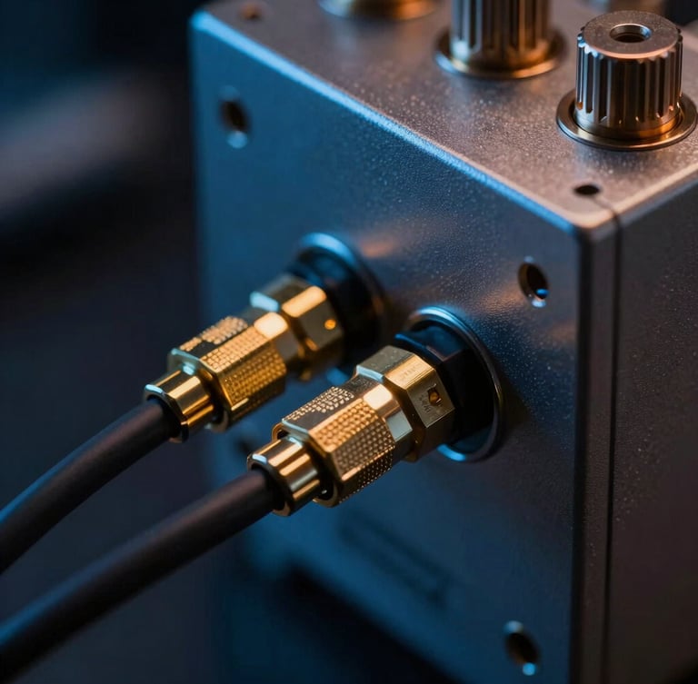 Macro detail shot of gold-plated coaxial cabling connecting to a quantum dilution refrigerator, low-key dramatic laboratory lighting, laser-blue highlights, sharp focus