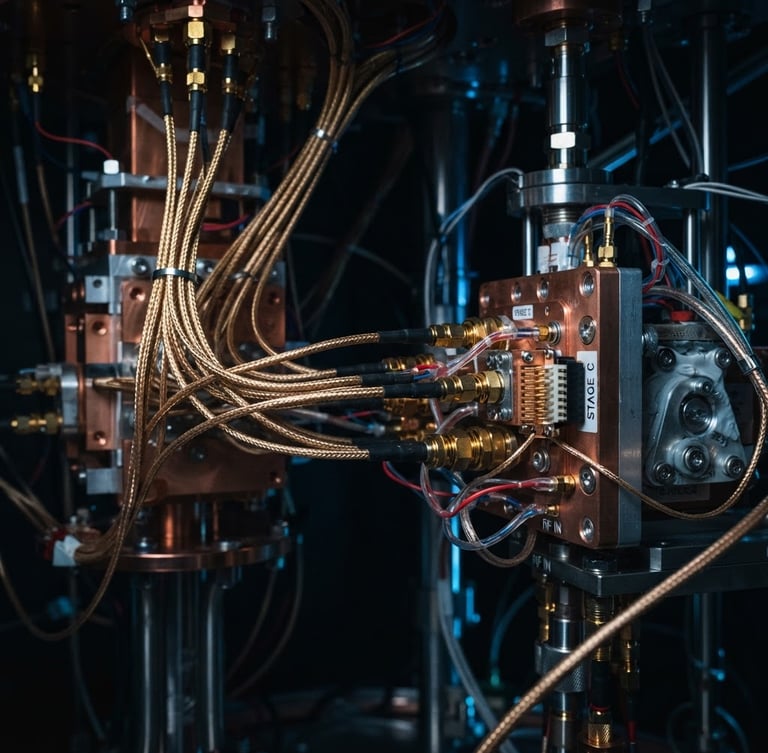 Macro shot of gold-plated coaxial cabling connecting quantum dilution refrigerator components under low-key dramatic laboratory lighting with sharp blue highlights, industrial laboratory photography, macro lens, sharp focus.