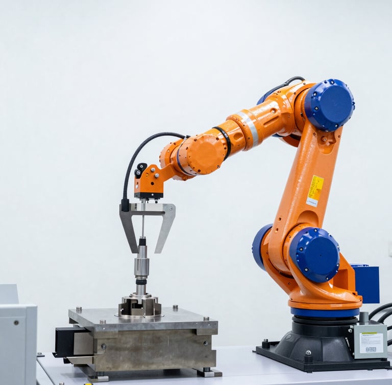 Crisp medium shot of a high-precision robotic arm calibrating a steel component, bright high-key industrial daylight, clean white background, safety orange accents