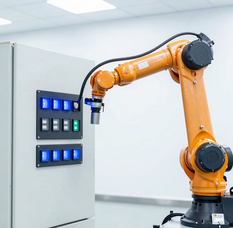 Bright high-key industrial photography of a robotic arm calibrating a clean control panel with vibrant blue indicator lights, sharp focus, 35mm lens, daylight.