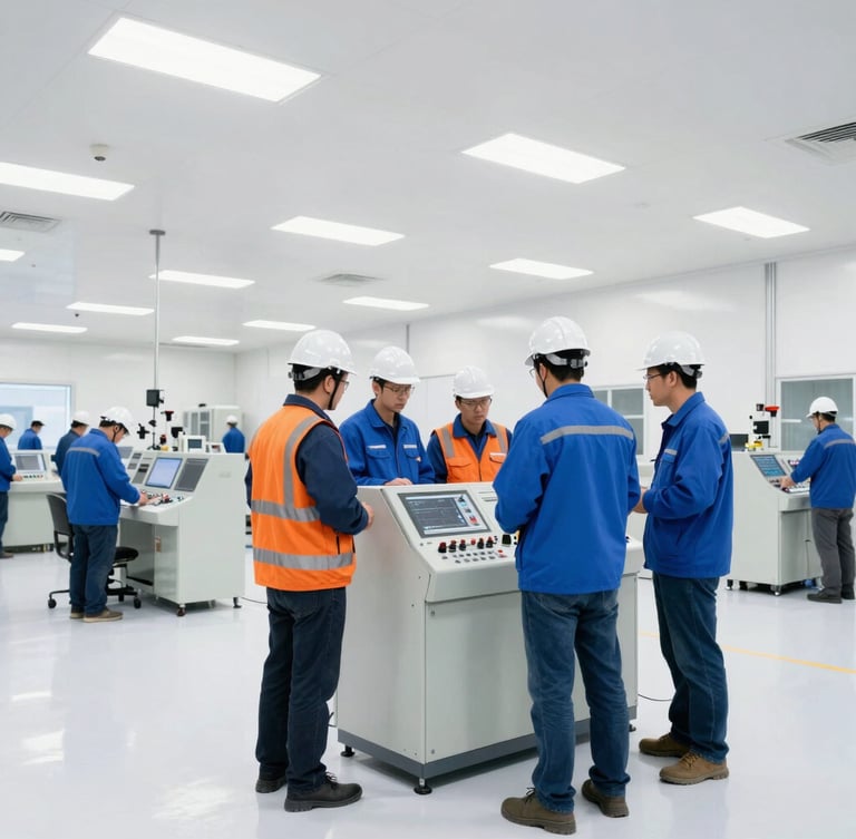 Wide-angle bright daylight shot of engineers collaborating around a large control panel inside a clean, modern Pocatello manufacturing facility, bright high-key lighting, 35mm lens.