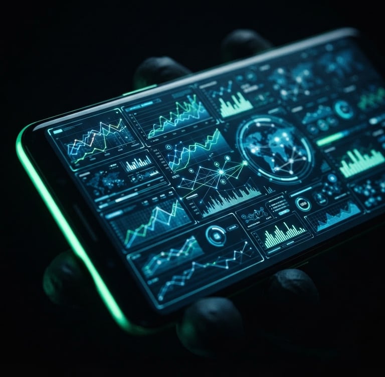 Macro shot of a modern Android smartphone displaying a complex data dashboard, low-key dramatic lighting with neon green edge glows, sharp focus on the UI.