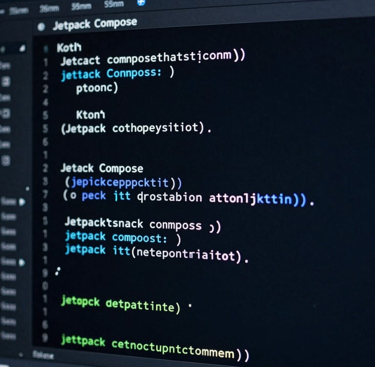 Macro shot of a dark IDE screen displaying clean, structured Kotlin code blocks and Jetpack Compose functions, neon blue accent glow, sharp focus, 35mm.