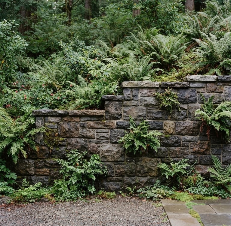 Straight-on architectural elevation of a hand-dressed basalt retaining wall integrated with lush ferns and native Vancouver plantings, soft overcast daylight