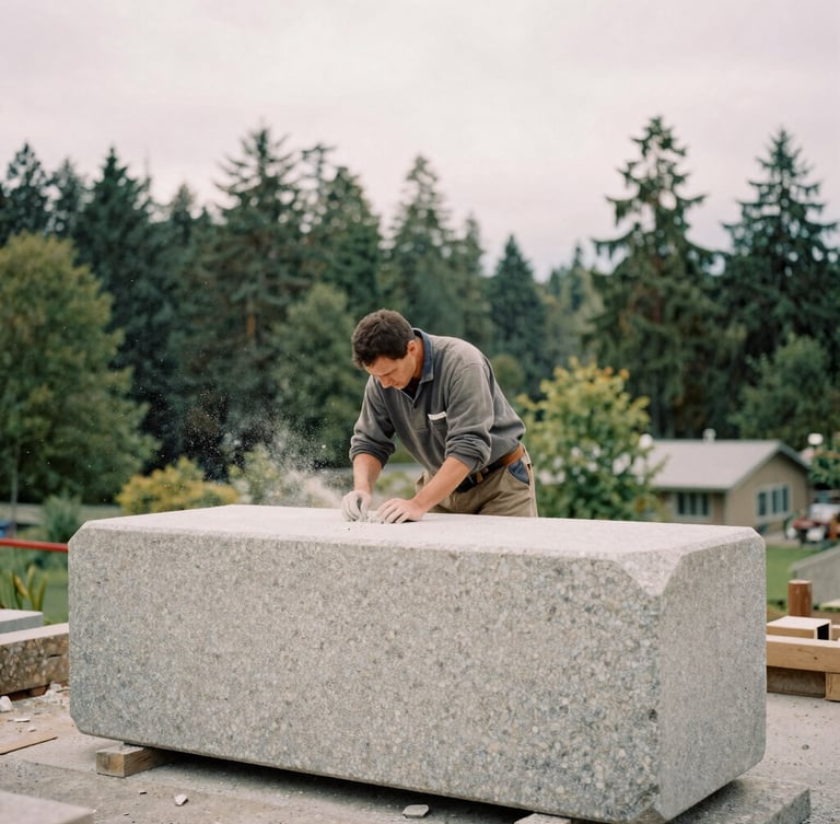 A master mason hand-dressing a large basalt stone block on site, chips of stone in the air, overcast Vancouver daylight, rich textures, medium format film.