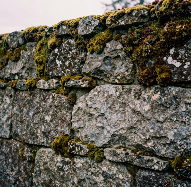 Close-up architectural photograph of hand-dressed basalt stone wall joints, soft Vancouver overcast daylight, rich moss and stone textures, medium format film