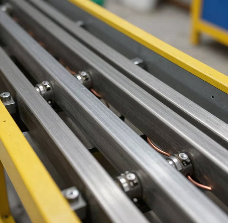Macro shot of heavy-duty steel guide rails and copper wiring inside an open elevator control panel, realistic workshop daylight, sharp focus, 35mm