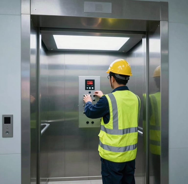 Straight-on wide shot of a technician in a safety vest adjusting an elevator control panel, bright work lights, 35mm.