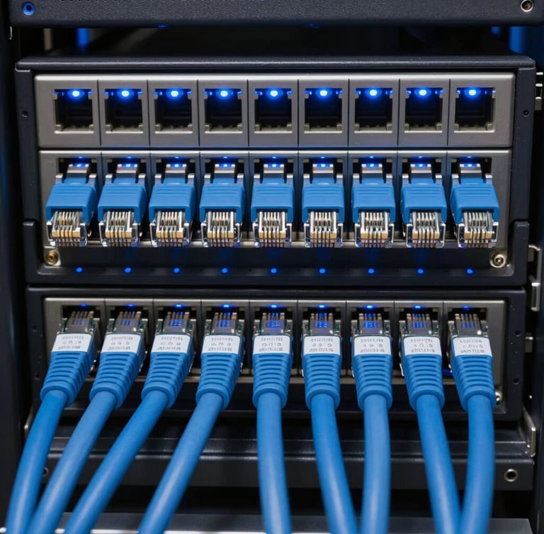 Macro close-up of perfectly bundled and labeled blue network cables terminating into a clean server rack, 35mm crisp industrial photography