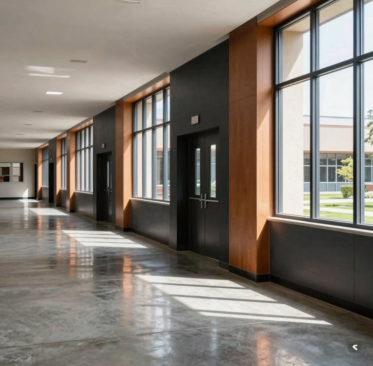Bright architectural portrait shot of a modern school corridor with clean polished concrete floors reflecting natural daylight from large windows, sharp focus, editorial style