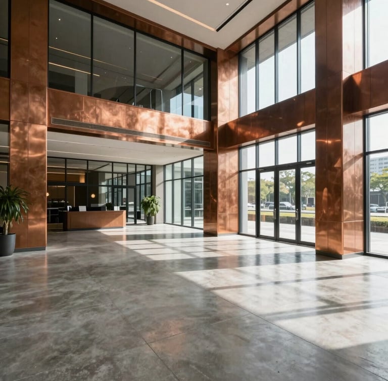 Wide-angle architectural photograph of a bright, modern corporate lobby with clean polished concrete floors and warm copper accents, natural daylight streaming through glass walls.