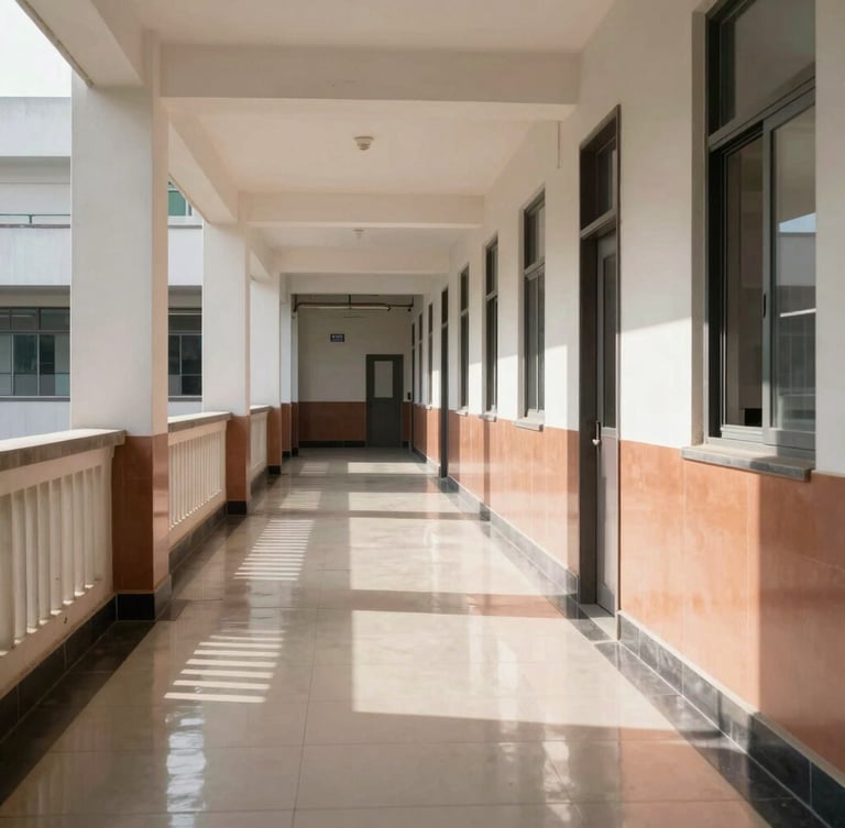 Bright architectural wide-angle photograph of a pristine, sunlit school corridor with polished floors reflecting natural light, clean lines, sora-ibm-plex aesthetic