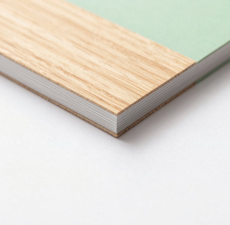 Macro close-up of sustainable materials, textured light oak wood grain meeting brushed recycled aluminum, warm natural daylight, soft focus