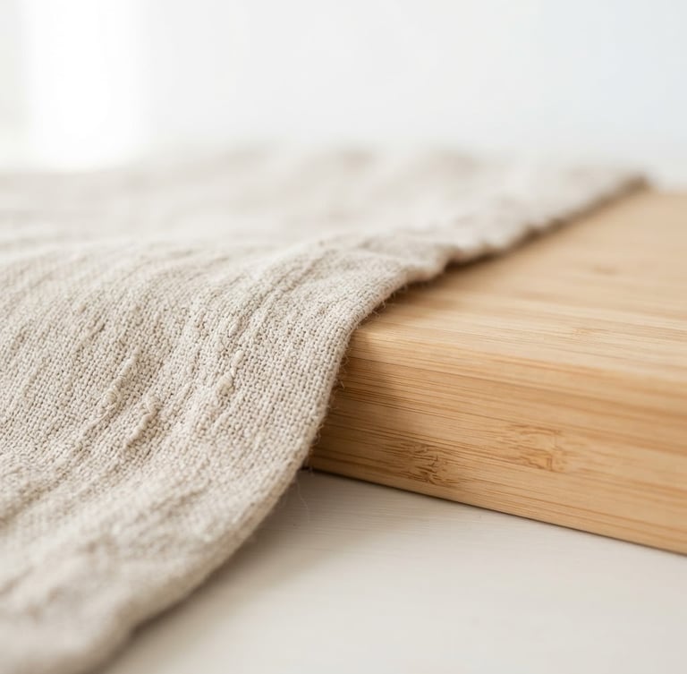 Macro photograph of textured organic linen and light bamboo wood grain, bright natural morning sun, soft shadows, minimalist background