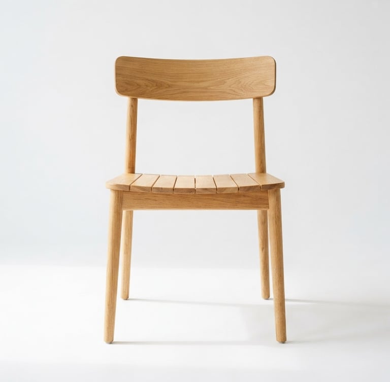 Stark high-contrast portrait of a minimalist wooden chair in bright natural daylight, soft shadows, pristine white background, 50mm lens