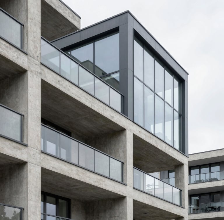 Crisp architectural photography of a modern concrete and steel residential building under overcast daylight, showing exposed structural elements and clean glass elevations.