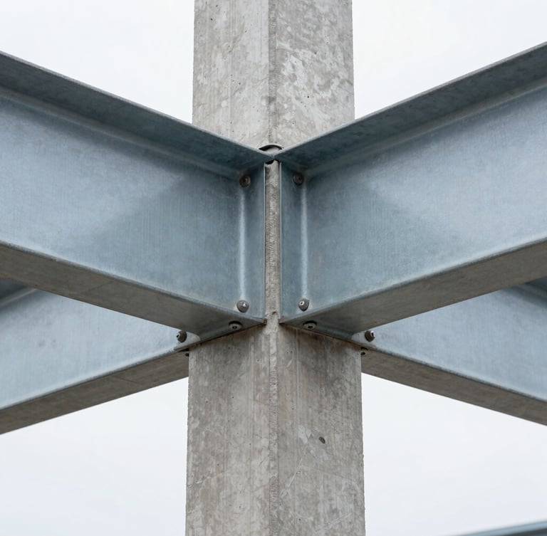 Extreme close-up of a structural steel connection bolted to raw concrete, natural overcast daylight, sharp focus, 35mm lens.