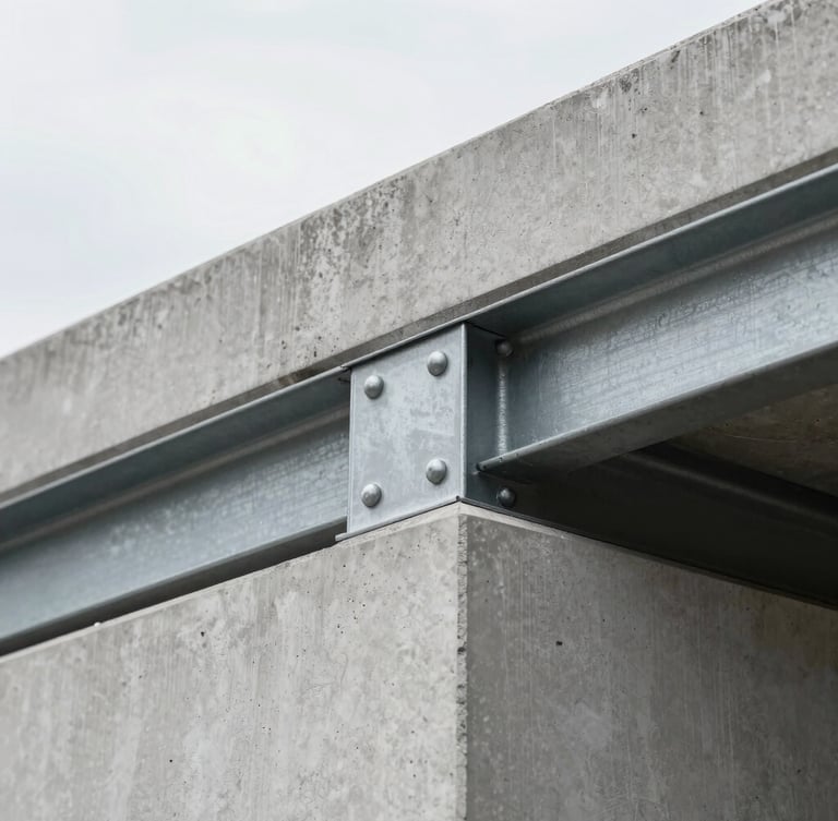 Extreme close-up of a flush timber-to-steel joint in sharp focus, natural overcast daylight, cool concrete tones, architectural detail, 35mm lens