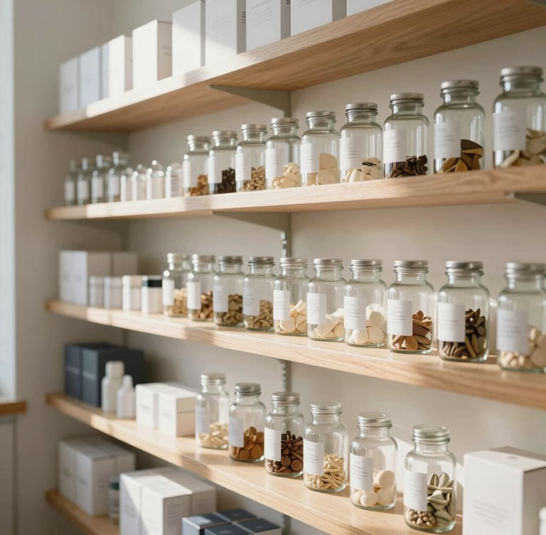 Bright, natural daylight illuminating clean wooden shelves lined with organized glass apothecary jars, minimalist product packaging, airy modern clinical interior, soft shadows.