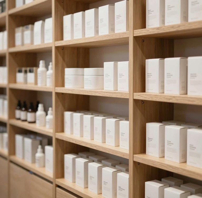 Medium shot of organized wooden shelves displaying clean minimalist product packaging in a bright, airy modern apothecary, diffused daylight, soft shadows, light stone surfaces.