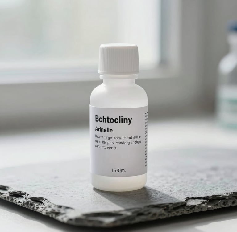 A vertical portrait shot of a clean white apothecary bottle with a detailed laboratory analysis label, resting on a light grey slate surface under soft, diffused window light.