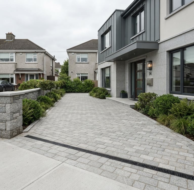 Crisp architectural photography of a finished modern stone driveway in Dublin, sharp focus, soft overcast daylight, clean lines