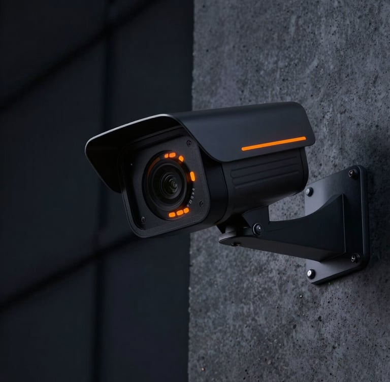 Close-up of a high-tech thermal security camera mounted on a modern concrete wall, dramatic orange status LED light leak, dark background, ultra-sharp focus.