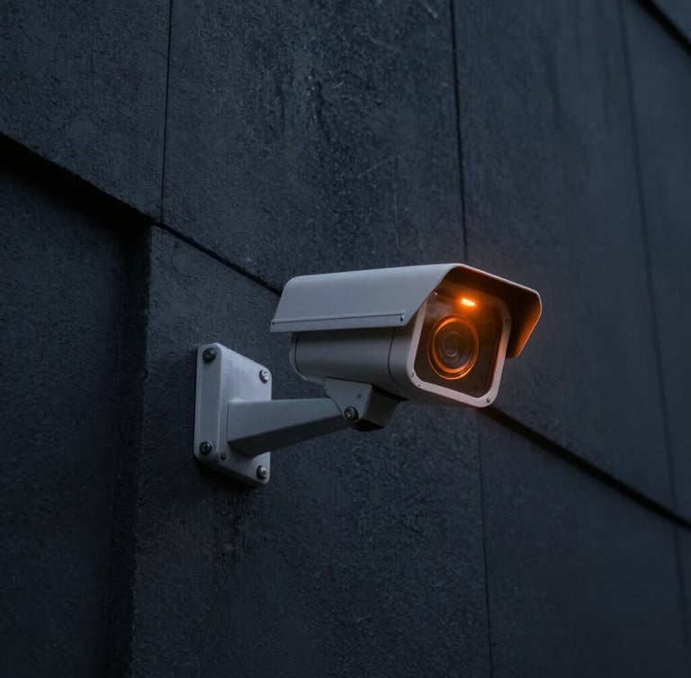 Dramatic low-key tactical security camera mounted on a dark concrete industrial building facade at night, safety orange status LED glowing, sharp focus, 35mm