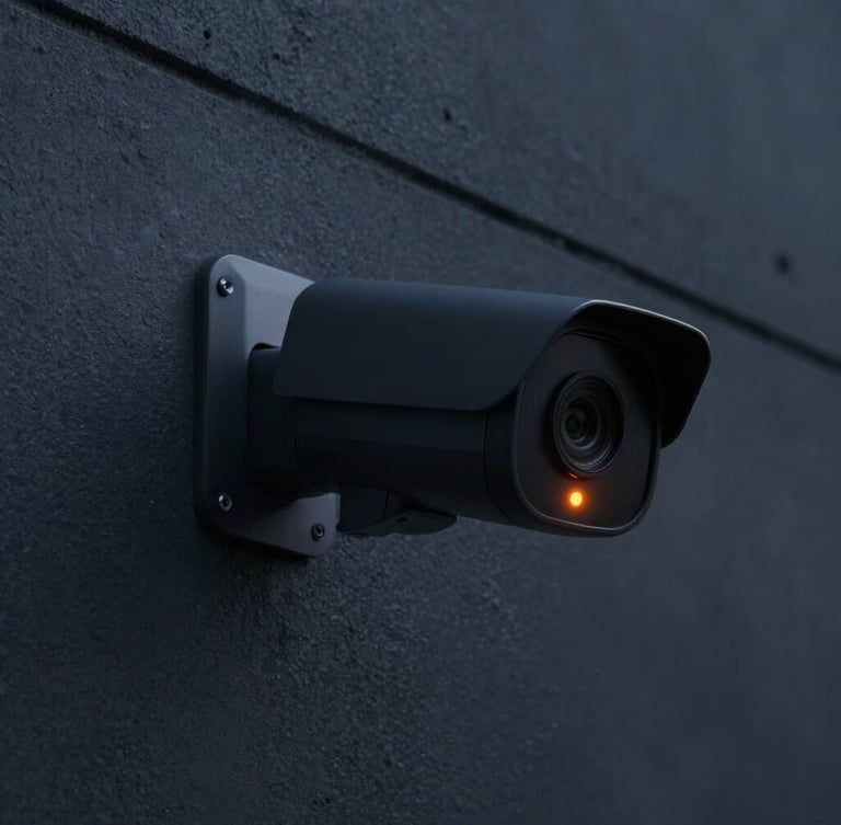 Close-up of a modern smart security camera mounted on a clean dark concrete wall, orange status LED glowing, dramatic low-key lighting, 35mm