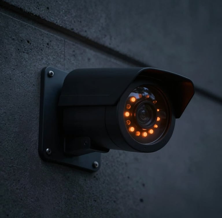 Dramatic close-up of a matte black high-tech security camera mounted on a concrete wall, sharp focus, safety orange status LED glowing, low-key night lighting, cinematic 35mm.