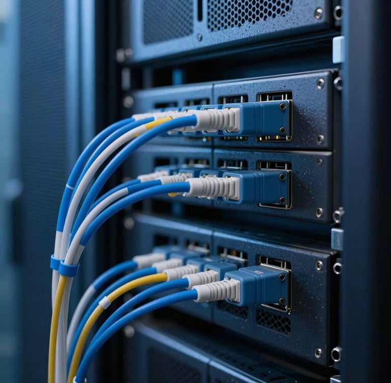 Macro photograph of modern server racks in a secure data center, cool blue studio lighting, sharp focus on fiber optic cabling, deep slate tones.