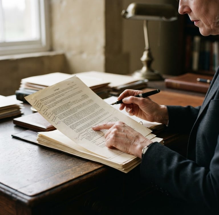 Close-up of a solicitor's hands meticulously reviewing physical legal documents on a dark wooden desk, soft overcast British daylight, 35mm film grain, muted forest green and stone tones.