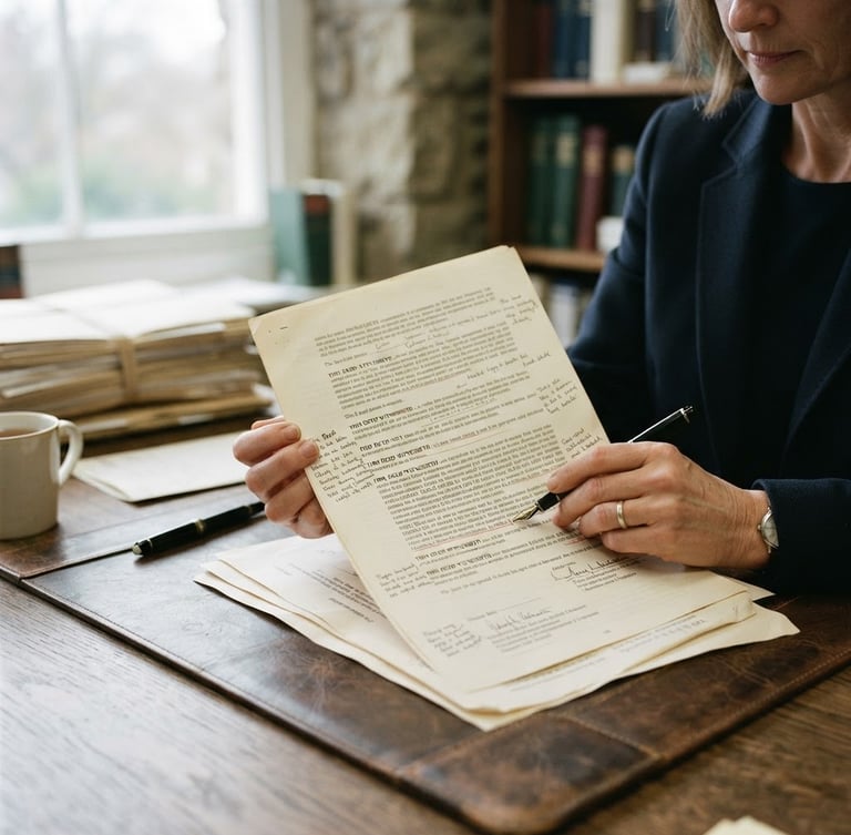 Close-up of a solicitor's hands reviewing a complex legal document on a desk, soft overcast British daylight, muted forest green and stone tones, 35mm film grain, generous negative space on the left.