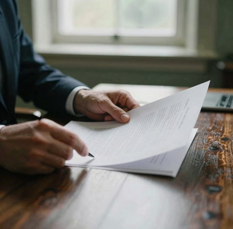 A close-up of a solicitor's hands reviewing physical legal documents on a dark oak table, soft window light, muted forest green tones, editorial documentary style.
