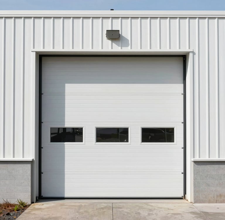 Sharp architectural photography of a physical garage door workshop on SW Barbur Blvd in Portland, clean industrial exterior, bright daylight, 35mm lens