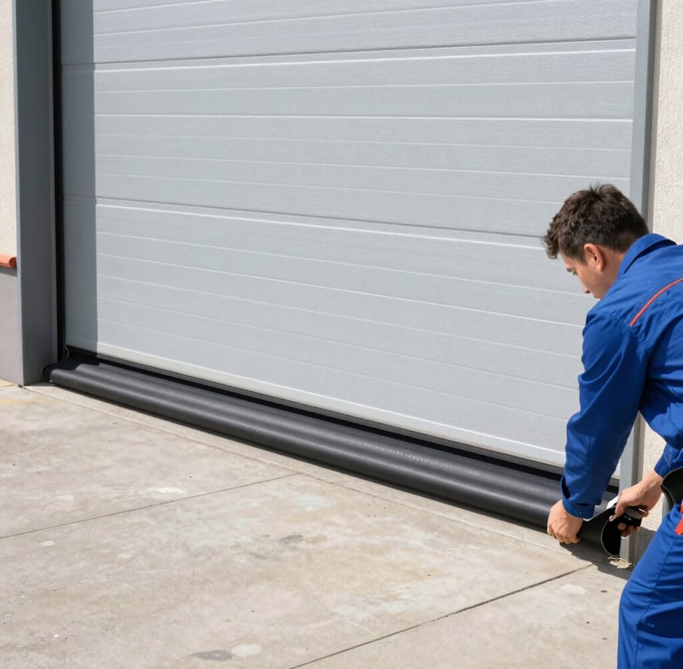 A technician in a clean uniform installing a thick black rubber weather seal on the bottom edge of a modern steel garage door, daylight