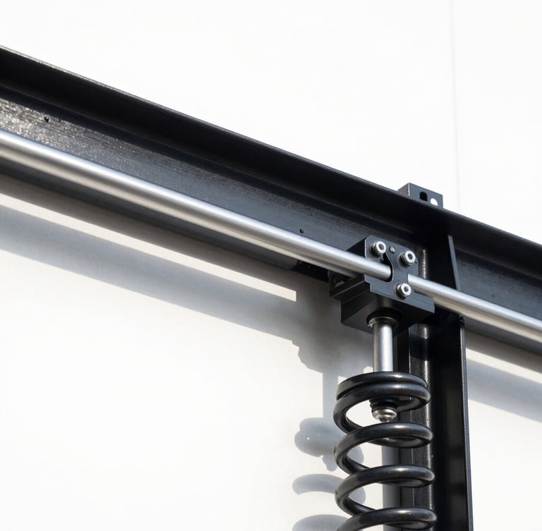 Close-up architectural shot of a modern black steel garage door track and pristine heavy-duty torsion spring, crisp technical daylight, high contrast