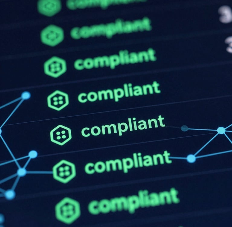 Macro close-up of a digital interface displaying a data validation report with green 'compliant' indicators and abstract neural network lines, crisp studio lighting, vibrant teal accents, high-contrast.