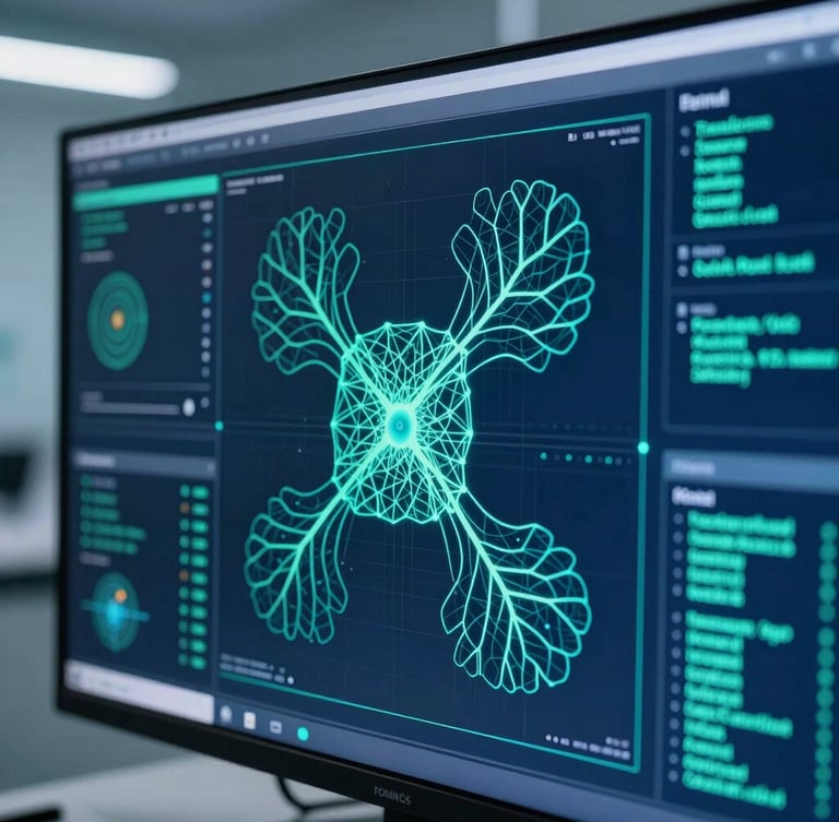 Macro close-up of digital interfaces displaying complex multi-modal clinical data being synthesized by a neural network, vibrant teal and deep navy colors, sharp geometric patterns, clean laboratory environment, cool studio lighting.