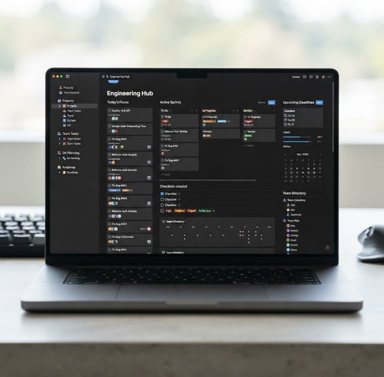 Sleek, high-resolution close-up of a dark-mode Notion dashboard rendered on a premium metallic laptop screen, minimalist desk setup, soft diffused studio lighting, neutral cool tones, sharp focus.