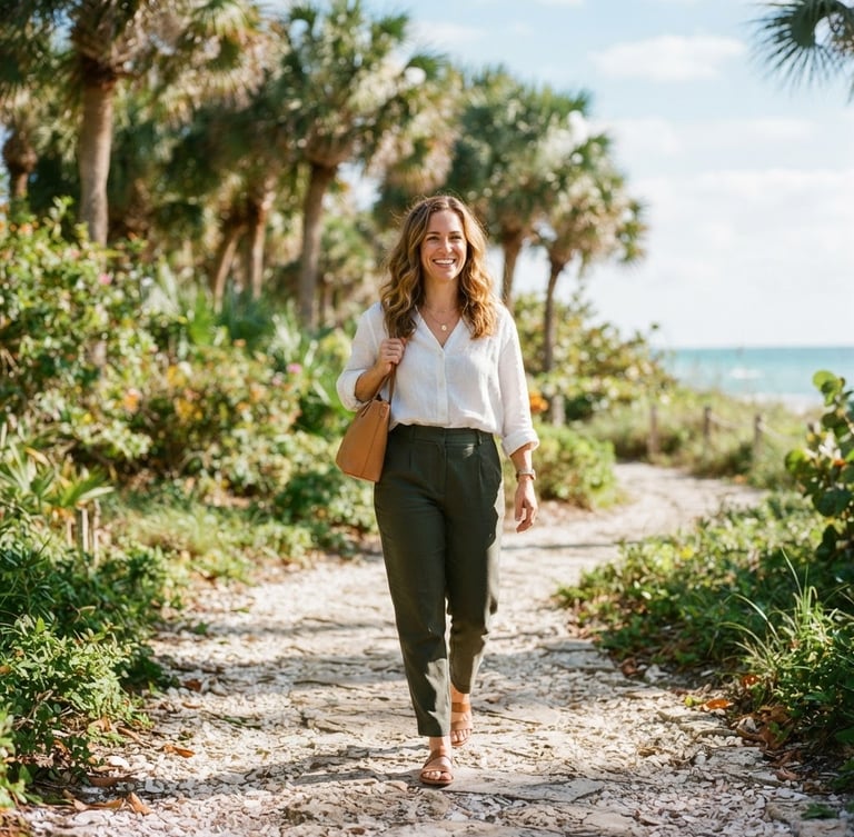 Professional portrait of a female therapist, mid-30s, smiling confidently, walking on a sun-dappled Florida coastal path with lush palm trees in the background, warm morning sunlight, soft focus, 35mm.