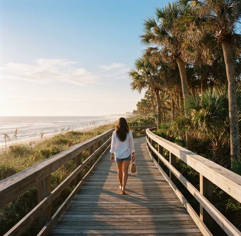 Wide panoramic Florida coastal path at golden hour, an individual walking away from the camera, sun dappling through palm trees, clear blue sky, low horizon, bright editorial photography, warm morning sunlight, clean coastal tones, soft focus, natural movement, 35mm