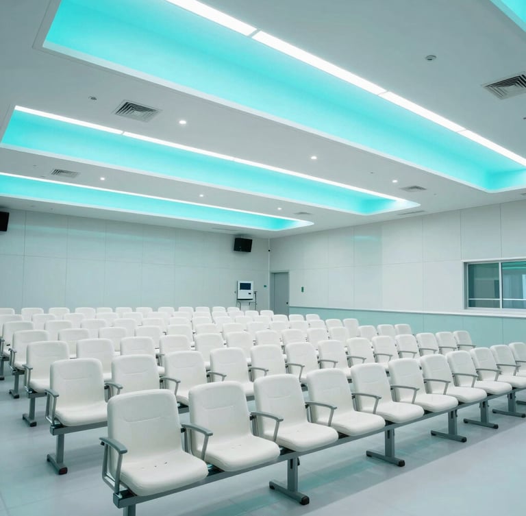 Clean bright medical conference hall with modern cyan lighting, empty white surgical-grade seating, structured clinical aesthetic, wide angle.