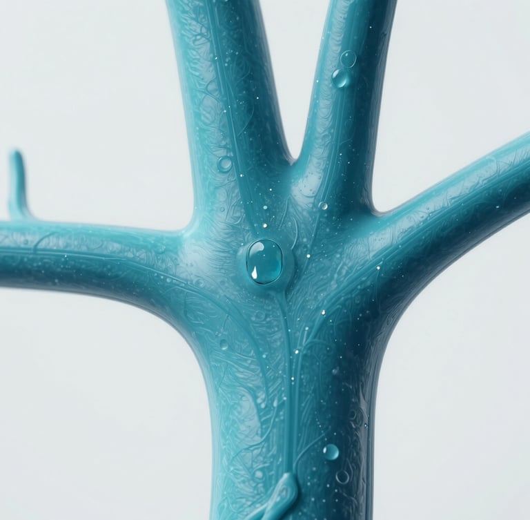 Macro close-up of a scientific medical diagram illustrating vascular anatomy, sterile cyan tones, clean studio lighting.