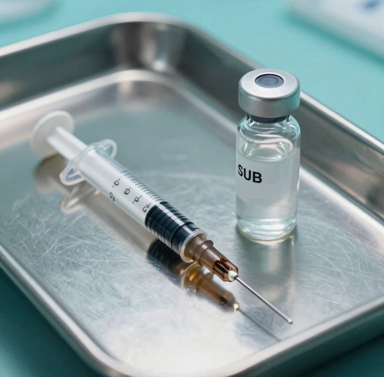 Macro close-up of a sterile medical syringe and vial on a clean steel tray, clinical teal lighting, objective scientific composition.